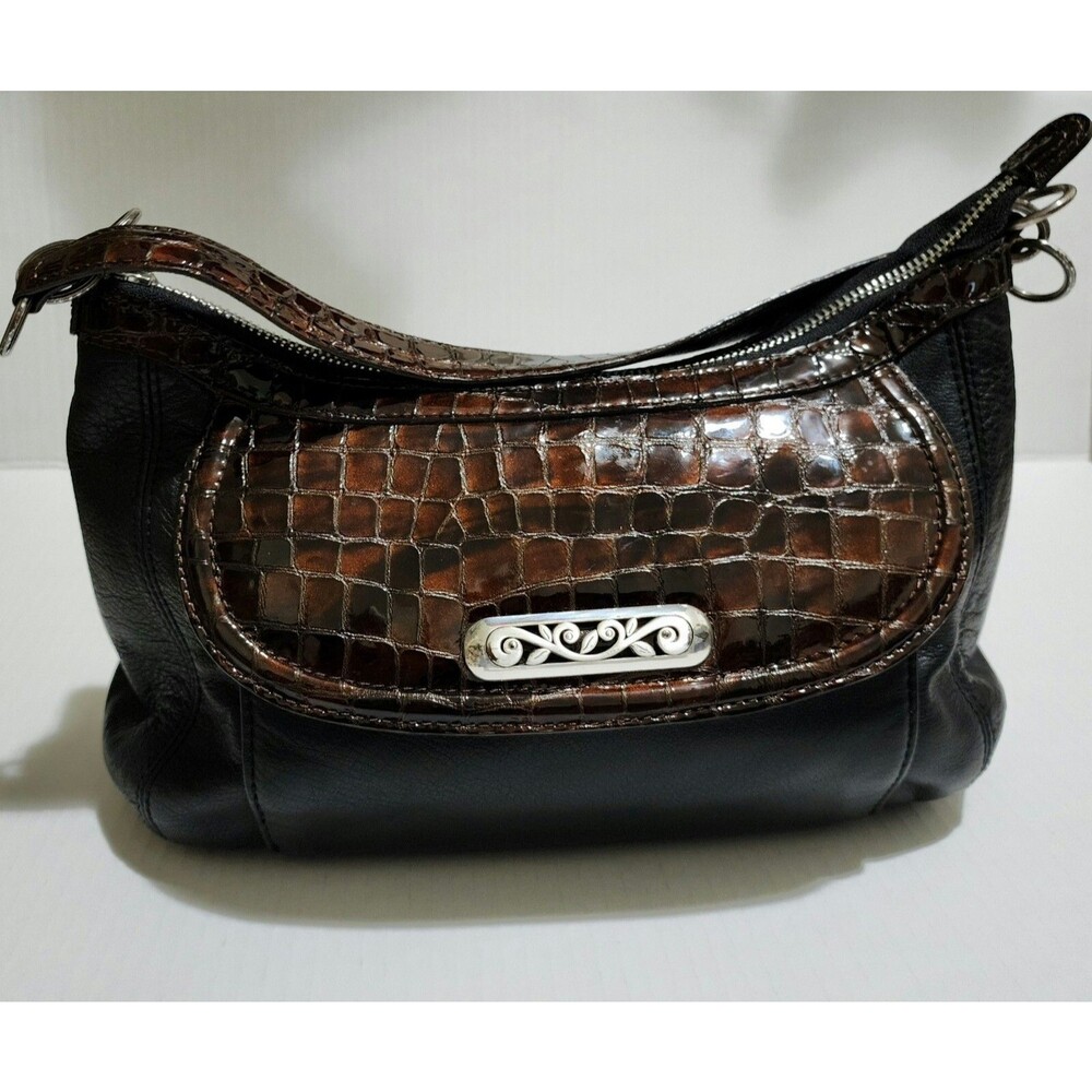 Brighton Womens Leather Purse Black Brown Croco Top Handle Bag Key Clip EUC
